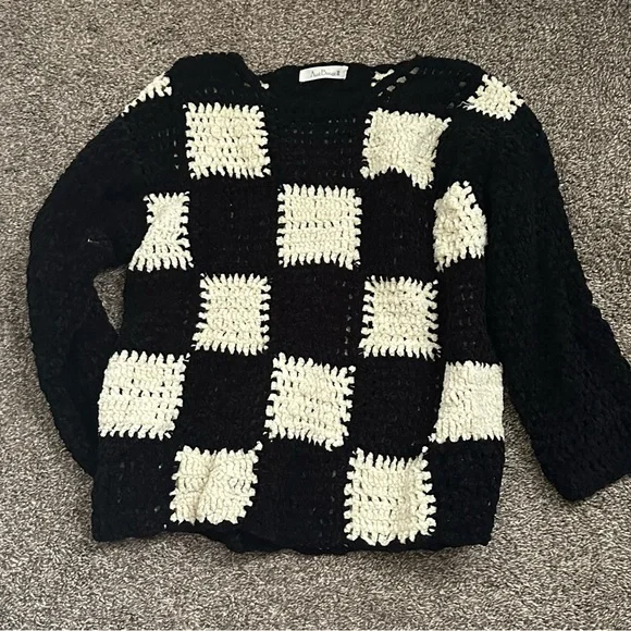 Black and Cream Checkered Patchwork Crochet Sweater - Picture 1 of 4